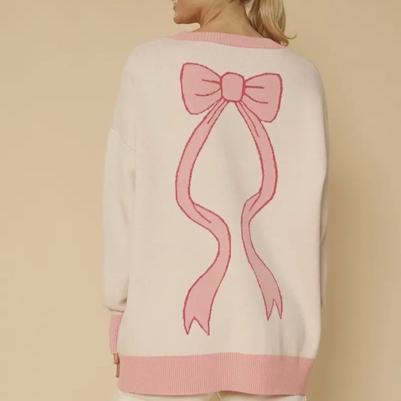 Just In! Pink and Cream Oversized Varsity Bow Cardigan-NWT Sz XL - Picture 3 of 6